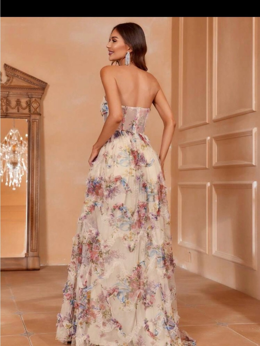 Source Unknown Strapless Floral Chiffon Maxi Dress - Ivory with Multi Floral - Picture 2 of 2